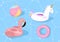 Funny pool floats with flamingo and unicorn. Vector illustration. Pool toys on blue sea background.