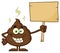 Funny Poop Cartoon Mascot Character Holding A Blank Wood Sign