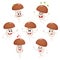 Funny porcini mushroom character with human face showing various emotions