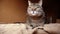 Funny portrait arrogant short-haired domestic tabby cat posing on dark brown background. Little kitten playing resting