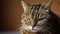 Funny portrait arrogant short-haired domestic tabby cat posing on dark brown background. Little kitten playing resting