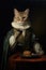 A funny portrait of a cat with wine as a historical royal portrait. Pets drinking alcohol wine. Funny weird-core