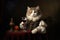 A funny portrait of a cat with wine as a historical royal portrait. Pets drinking alcohol wine. Funny weird-core