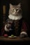 A funny portrait of a cat with wine as a historical royal portrait. Pets drinking alcohol wine. Funny weird-core