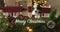 Funny portrait of a cute smiling puppy sitting on a table in a Christmas decorated room