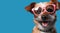 Funny portrait of a puppy with sunglasses on blue background with margin for copy space. Genetrative AI