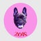 Funny poster. French bulldog in the sphere and with the number 2018. Dog is symbol of Chinese New Year.