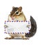 Funny postman squirrel hold mail letter isolated on white