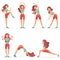 Funny pretty woman exercising various different training fitness poses exercises set vector illustration.