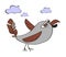 Funny primitive bird in flight and clouds. Funny character - a s