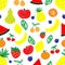 Funny primitive bright fruits and berries, vector seamless pattern