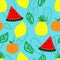 Funny primitive bright fruits and berries, vector seamless pattern