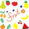 Funny primitive bright fruits and berries, vector set