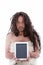 Funny primitive man holding a PC tablet