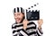 Funny prison inmate with movie board isolated