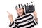 Funny prison inmate with movie board isolated