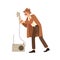 Funny private detective eavesdrop using spy equipment isolated on white. Male cartoon secret agent with mustache solving