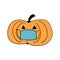 Funny pumpkin mascot with covid face mask. Crazy drawing of a halloween pumpkin character