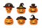 Funny pumpkins in hats. Halloween symbol. Cartoon vector illustration