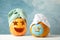 Funny pumpkins with towels on white background