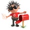 Funny punk rocker character has letters in his mailbox, 3d illustration
