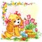 Funny puppy dogand flowers. watercolor ollustration