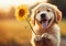 funny puppy holding sunflower in paws outdoors with sunshine