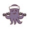 Funny purple octopus with headband on head, doing exercise with dumbbells. Humanized marine animal. Cartoon vector icon