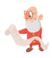 Funny puzzled hatless Santa Claus in glasses reads long list of wishes on white background. Santa looks surprised and