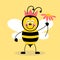 Funny queen bee holding a flower on yellow background