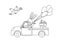 Funny rabbit with balloons on pickup. Coloring page. Black and white cupcake on truck. Vector