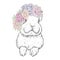 Funny rabbit in a flower wreath. Vector illustration. Peonies and roses.