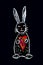 Funny rabbit with heart drawn by colored crayons on black background. Hand drawn illustration for Easter cards, poster, stickers