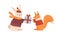 Funny rabbit in warm clothes giving gift box to cute squirrel vector flat cartoon illustration. Happy childish animals