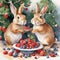 Funny rabbits eat berries and nuts