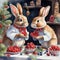 Funny rabbits eat berries and nuts