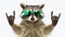 Funny raccoon in green sunglasses showing a rock gesture isolated on white background