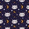 Funny raccoon seamless pattern. Cute little animals smiling faces. Wildlife cartoon characters. Comic mammal muzzles