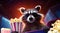 Funny raccoon surrounded by snacks in 3d dark glasses holding bucket of popcorn in the cinema. Advertisement of the film