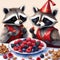 Funny raccoons eat berries and nuts
