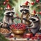 Funny raccoons eat berries and nuts