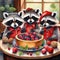 Funny raccoons eat berries and nuts