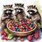 Funny raccoons eat berries and nuts