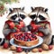 Funny raccoons eat berries and nuts