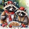 Funny raccoons eat berries and nuts