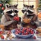 Funny raccoons eat berries and nuts