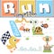 Funny race cartoon with group of little animals, snail, caterpillar, ladybug, ant, bird