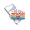 Funny rainbow cake cartoon character style holding a standing flag