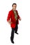 Funny rake playboy and bon vivant mature man wearing red casino jacket and Hawaiian shirt standing happy posing gigolo alike