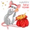 Funny rat in a hat holds in his paws a piece of cheese and hugs it. Near a bag of cheese.